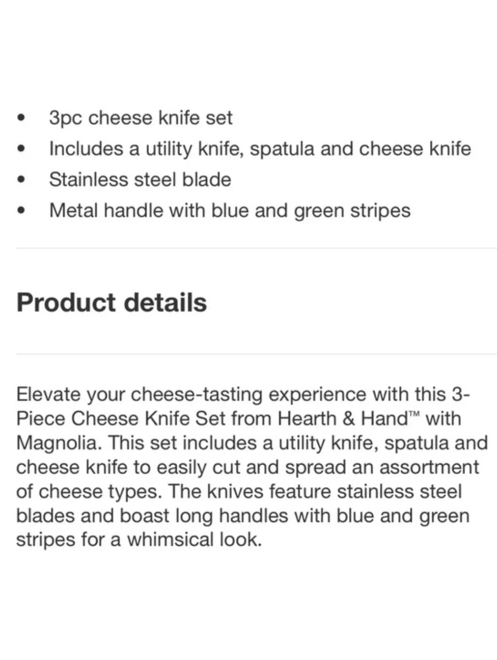 Hearth & Hand NWT 3-Piece Cheese Knife Set Stainless Steel Striped Handle